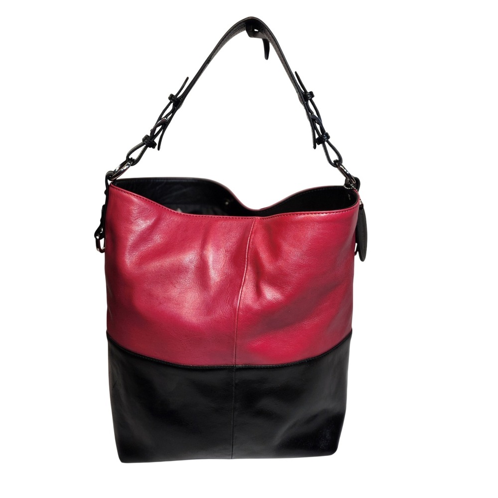Two Tone Pink and Black Leather Hobo Shoulder Bag with Adjustable Strap